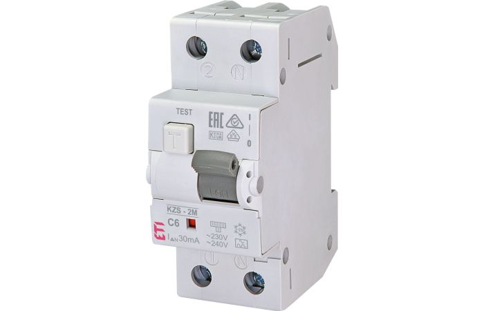 Relė srovės nuotėkio RCBO 2P 6A C 30mA A-tipas su automatu 10kA KZS-2M A C6/0.03 - ETI