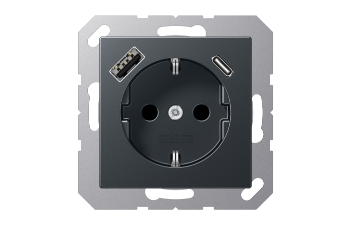 Lizdas p/t SCHUKO su USB A ir USB C 3A antracito matinės spalvos 16A 250V A - JUNG