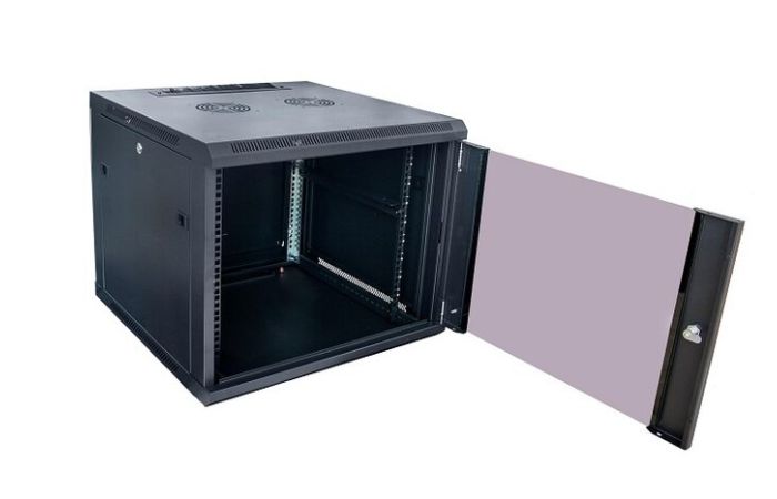 Spinta sieninė 600x600x500 19" 9U, stiklinės durys, flatpack tipo, juoda - SECURITYNET