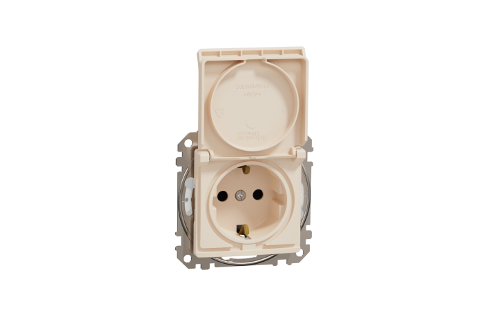 Lizdas p/t SCHUKO su dangteliu IP44 be rėmelio su apsauga nuo vaikų užspaudžiami kontaktai dramblio kaulo spalvos 16A 250V SEDNA DESIGN - SCHNEIDER ELECTRIC