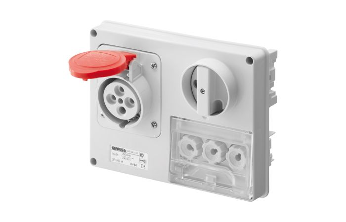 Lizdas CEE horizontalus 5P 32A 400V IP44 (be dėžutės v/t GW66677) su kirtikliu + lizdai saugikliams - GEWISS