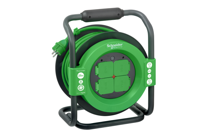 Ilgiklis-ritė 25m 4 lizdų H07RN-F 3x2.5mm2 guminis žalias IP44 su termine apsauga plastikinis būgnas Thorsman - SCHNEIDER ELECTRIC
