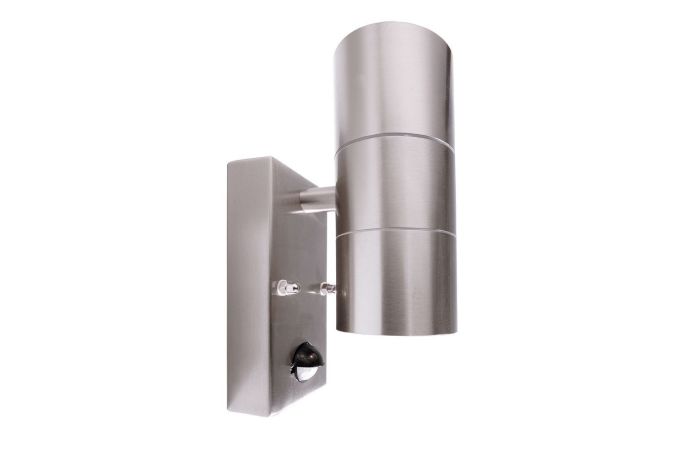 Šviestuvas v/t 2x35W GU10 IP44 D-60mm H-215mm su judesio jutikliu ir šviesos davikliu sidabrinės spalvos šviečia aukštyn/žemyn BRA ZILLY UP AND DOWN MOTION - DEKO LIGHT