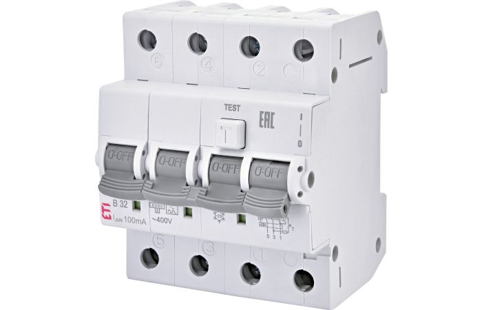 Relė srovės nuotėkio RCBO 4P 16A C 30mA AC-tipas su automatu 6kA KZS-4M 3p+N AC C16/0.03 - ETI