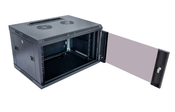 Spinta sieninė 600x450x370 19" 6U, stiklinės durys, flatpack tipo, juoda - SECURITYNET