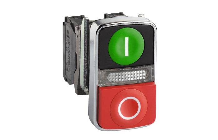 Mygtukas dvigubas 1no+1nc be fiksacijos 22mm žalias/raudonas "I-O" su pašvietimu LED 24V AC/DC IP67 XB5 Harmony - SCHNEIDER ELECTRIC