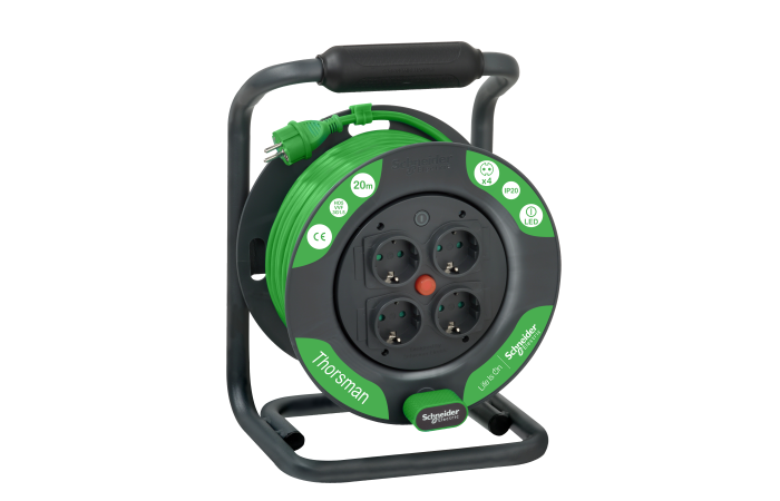 Ilgiklis-ritė 20m 4 lizdų H05VV-F 3x1.5 žalias IP20 su termine apsauga plastikinis būgnas Thorsman - SCHNEIDER ELECTRIC