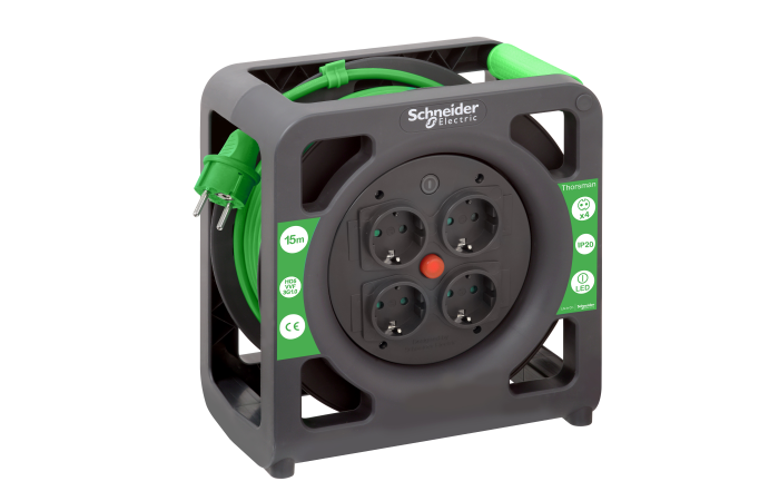 Ilgiklis-ritė 15m 4 lizdų H05VV-F 3x1 žalias IP20 su termine apsauga plastikinis būgnas Thorsman - SCHNEIDER ELECTRIC