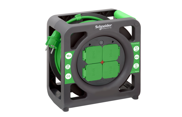 Ilgiklis-ritė 15m 4 lizdų H05VV-F 3x1.5 žalias IP44 su termine apsauga plastikinis būgnas Thorsman - SCHNEIDER ELECTRIC