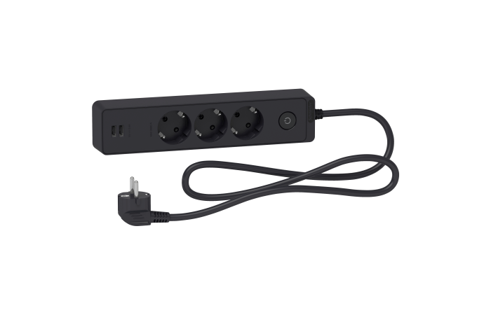 Ilgiklis 1.5m 3 lizdų su įžeminimu ir 2xUSB juodas Unica - SCHNEIDER ELECTRIC