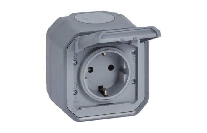 Lizdas v/t SCHUKO su dangteliu IP55 varžtiniai kontaktai pilkos spalvos 16A 250V Plexo - LEGRAND