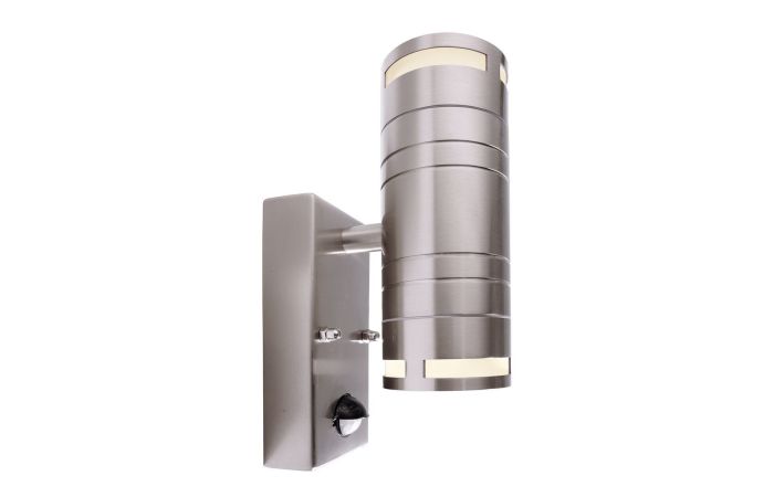 Šviestuvas v/t 2x35W GU10 IP44 D-60mm H-220mm su judesio jutikliu ir šviesos davikliu sidabrinės spalvos šviečia aukštyn/žemyn BRA ZILLY II UP AND DOWN MOTION - DEKO LIGHT