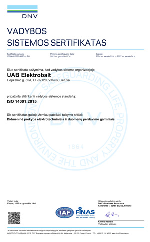 UAB Elektrobalt ISO 14001:2015 Vadybos sistemos sertifikatas