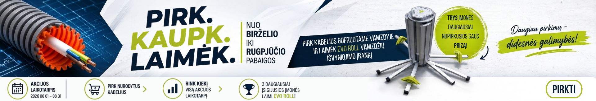 Pirk Evopipes kabelius gofruotame vamzdyje ir laimėk EVO ROLL vamzdžių išvyniojimo iš ritės įrankį! Pirk Evopipes kabelius gofruotame vamzdyje ir laimėk EVO ROLL vamzdžių išvyniojimo iš ritės įrankį!
