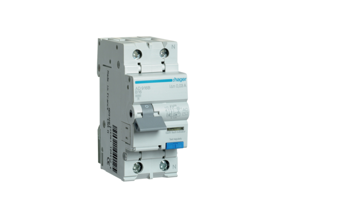 Relė srovės nuotėkio RCBO 2P 16A B 30mA su automatu 6kA AC-tipas - HAGER