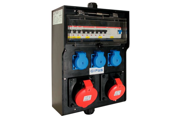 Skydelis v/t 13 modulių su lizdais SCHUKO 3x16A,CEE 5P 32A, CEE 5P 16A su automatika IP54 juodas 7400 - GIFAS