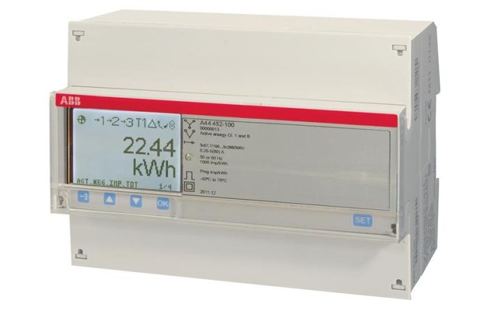 Skaitiklis elektros energijos 3F 6A netiesioginis 4 tarifai MID Modbus 7 modulių Gold A44 452-100 - ABB