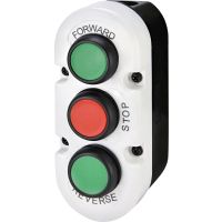 Triguba dėžutė su įspaudžiamais mygtukais: zalias -forward - 1 NO/raudonas - stop - NC/žalias-reverse-1NO ESE3-V6 - ETI (pavadinimas tikslinamas)