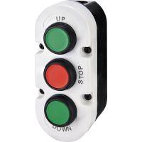Triguba dėžutė su įspaudžiamais mygtukais: zalias -UP - 1 NO/raudonas - stop - NC/žalias-down-1NO ESE3-V7 - ETI (pavadinimas tikslinamas)