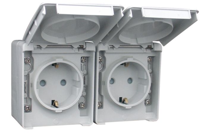 Lizdas v/t SCHUKO dvigubas su dangteliu IP65 su apsauga nuo vaikų pilkos spalvos 16A 250V 48 WATERPROOF - EFAPEL