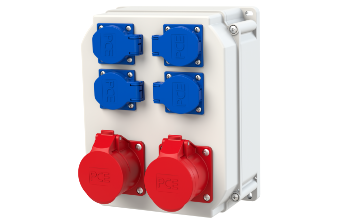 Dėžutė v/t su lizdais SCHUKO 4x16A, CEE 2x5P 16A, M25 IP44/54 [255x204x114] SCHWAZ ECOline - PCE