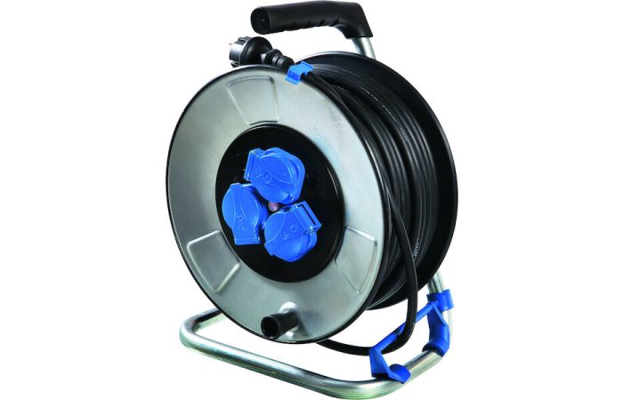 Ilgiklis-ritė 40m 3 lizdų H07RN-F 3x1.5 guminis juodas IP44 su termine apsauga metalinis būgnas PKTS40 - PROTEC