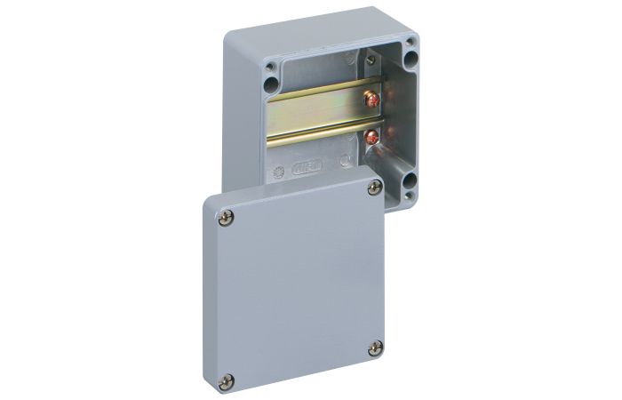 Dėžutė v/t [122x120x81] IP66 iQ aliumininė su DIN bėgeliu pilka ALR1212-L - SPELSBERG