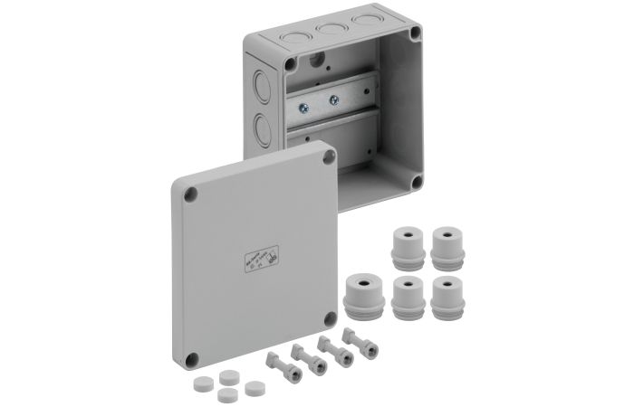 Dėžutė v/t [130x130x75] IP66/IP54 su DIN bėgeliu pilka be halogenų RK4/12-L - SPELSBERG