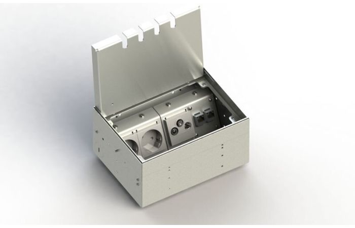 Dėžutė grindinė su nerūdijančio plieno dangčiu su įgilinimu 15mm 4xSCHUKO 200x150mm H90-120mm - BODENSTECKDOSEN SYSTEMTECHNIK