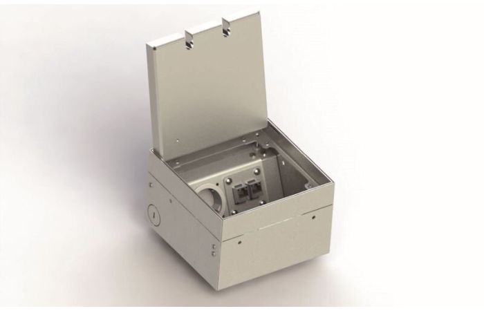 Dėžutė grindinė su nerūdijančio plieno dangčiu su įgilinimu 15mm 2xSCHUKO 150x150mm H90-120mm - BODENSTECKDOSEN SYSTEMTECHNIK