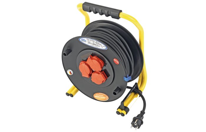 Ilgiklis-ritė 40m 3 lizdų H07RN-F 3x1.5 guminis juodas IP44 su termine apsauga, sustiprintas plastikinis būgnas - CIMCO