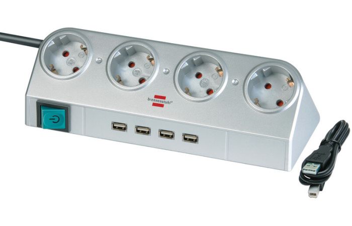 Blokas lizdų ant stalo 4xSCHUKO, 4xUSB sidabrinis su kabeliu 1.8m DESKTOP POWER - BRENNENSTUHL