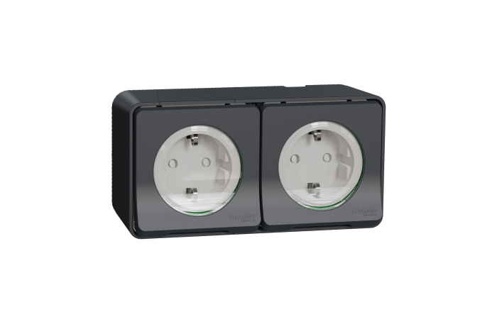 Lizdas v/t SCHUKO dvigubas su dangteliu IP55 su apsauga nuo vaikų antracito spalvos 16A 250V Mureva Styl - SCHNEIDER ELECTRIC