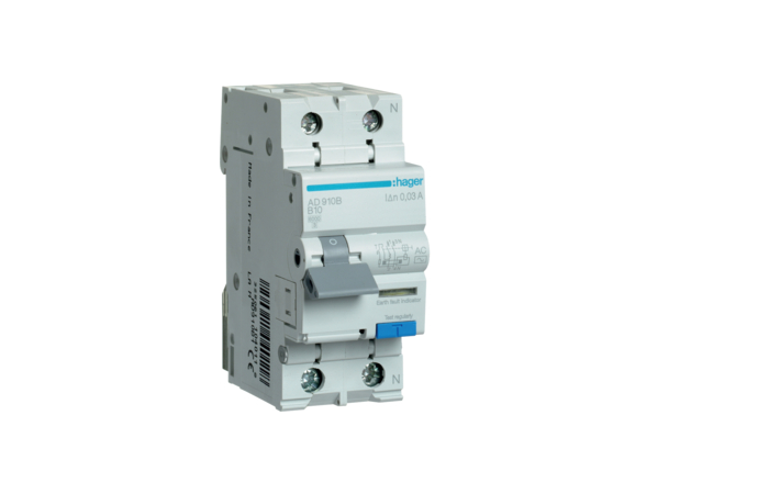 Relė srovės nuotėkio RCBO 2P 10A B 30mA su automatu 6kA AC-tipas - HAGER