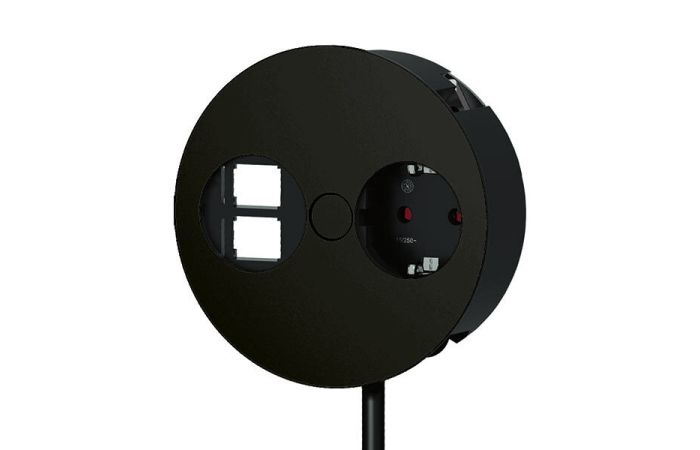 Blokas lizdų į stalą 1xSCHUKO, 2 vietos KEYSTONE, apvalus, su rėmu D115 juodos matinės spalvos TWIST - BACHMANN