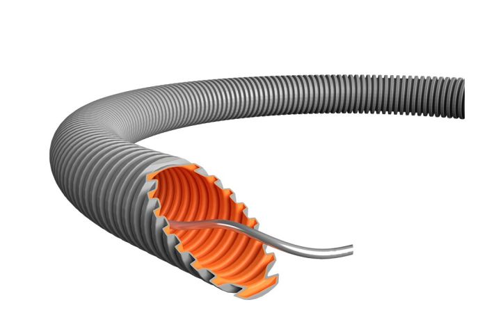 Vamzdis gofruotas D16 750N/5cm pilkas su viela be halogenų EVOEL FM-0H SMART [100m] - EVOPIPES