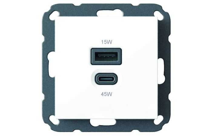 Lizdas p/t dvigubas USB A 15W ir USB C 45W be rėmelio baltos spalvos PUSBL15/45 - PROTEC