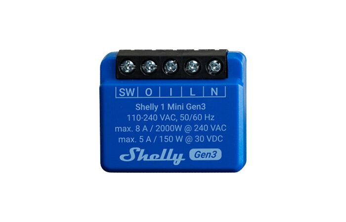 Valdiklis 150W 5A 30V DC /2000W 8A 240V AC Wi-Fi/Bluetooth mėlynas Shelly Mini 1 Gen3 - SHELLY