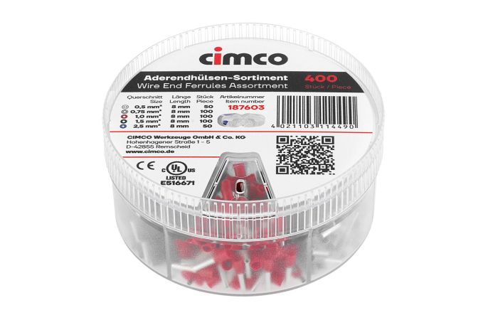 Rinkinys gilzinių izoliuotų antgalių L-8mm: 50x0.5mm2, 100x0.75mm2, 100x1.0mm2, 100x1.5mm2, 50x2.5mm2 [rinkinyje 400 vnt.] - CIMCO