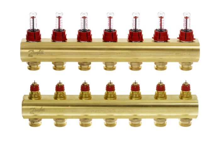 Kolektorius grindų šildymui reguliuojamas, FHF-7F 1" su srauto matuokliu, 7+7 (be laikiklio FHF-MB) [pak. po 2 vnt.] - DANFOSS