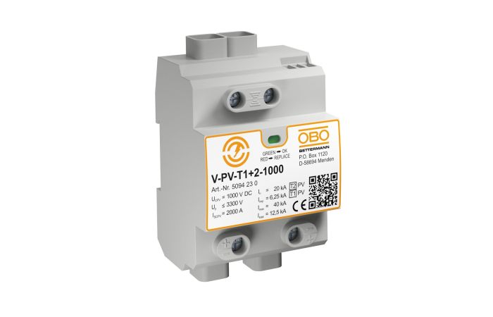 Apsauga viršįtampių 2P B+C 12.5/40kA 1+2 tipo Solar V-PV-T1+2-1000 - OBO BETTERMANN