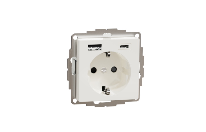 Lizdas p/t SCHUKO su USB A ir USB C 2.4A/3A be rėmelio užspaudžiami kontaktai baltos spalvos System M Merten - SCHNEIDER ELECTRIC