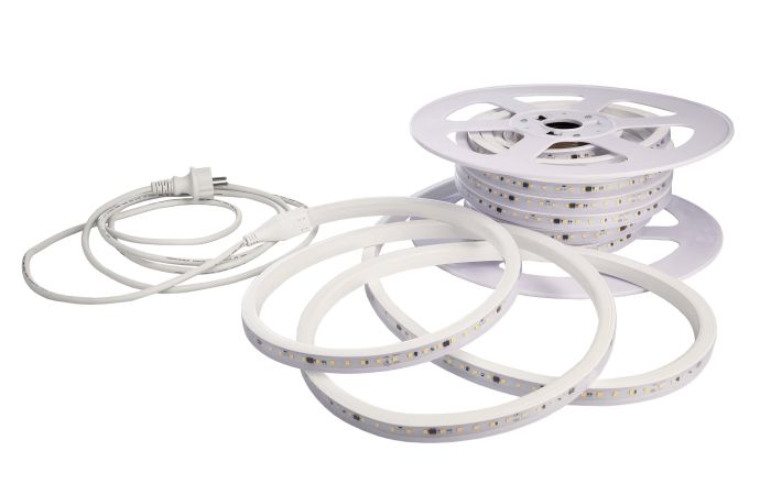 Juosta LED 14W/m 230V IP65 3000K 1470lm/m 105lm/W L-50m 100 laikiklių su kištuku - DEKO LIGHT