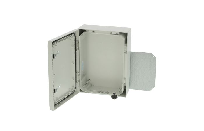 Spinta v/t [400x300x150] IP66 plastikinė su montažine plokšte tuščia 2 užraktų pilkos spalvos ARCA 403015 - FIBOX