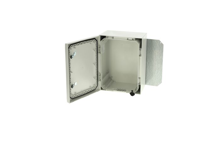 Spinta v/t [400x300x210] IP66 plastikinė su montažine plokšte tuščia 2 užraktų pilkos spalvos ARCA 403021 - FIBOX