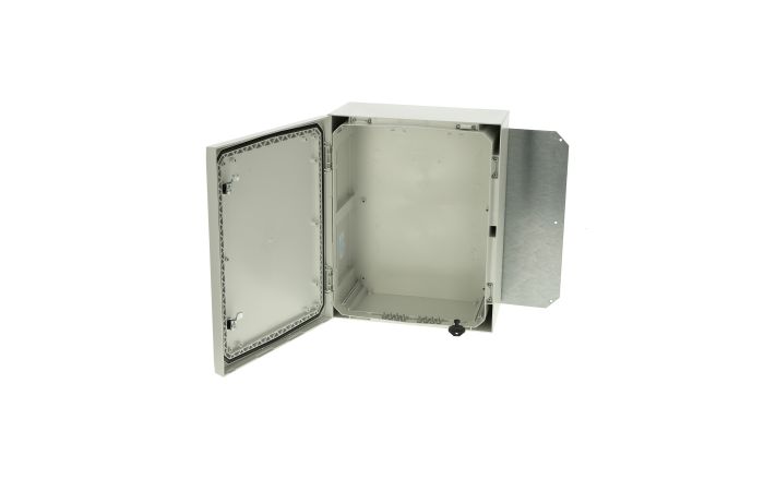 Spinta v/t [500x400x210] IP66 plastikinė su montažine plokšte tuščia 2 užraktų pilkos spalvos ARCA 504021 - FIBOX