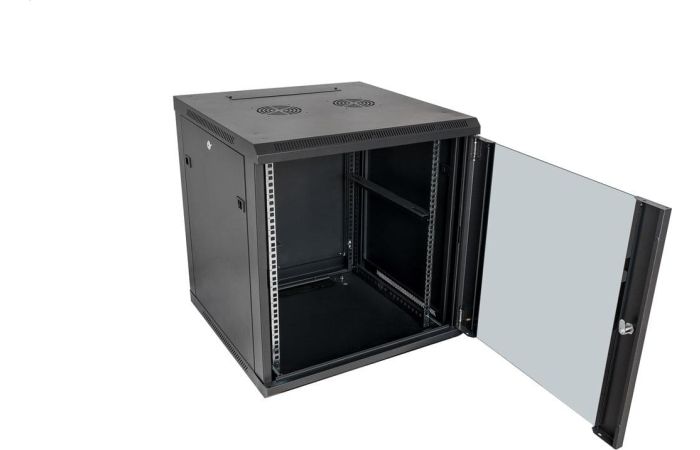 Spinta komutacinė 600x600x635 19" 12U stiklinės durys, flatpack tipo, juoda - SECURITYNET
