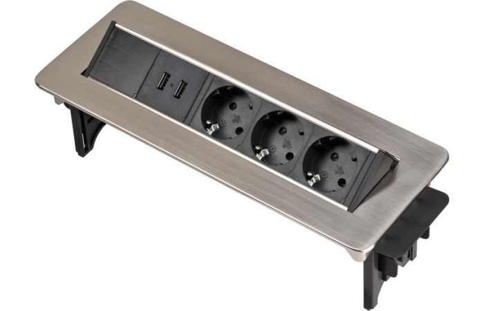 Blokas lizdų į stalą 3xSCHUKO 2xUSB pilkas 276x93mm su 2m kabeliu - BRENNENSTUHL