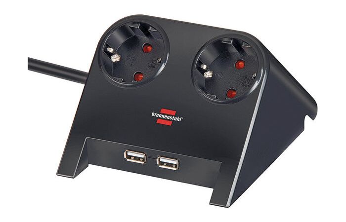 Blokas lizdų ant stalo 2xSCHUKO, 2xUSB juodas su kabeliu 1.8m DESKTOP POWER - BRENNENSTUHL