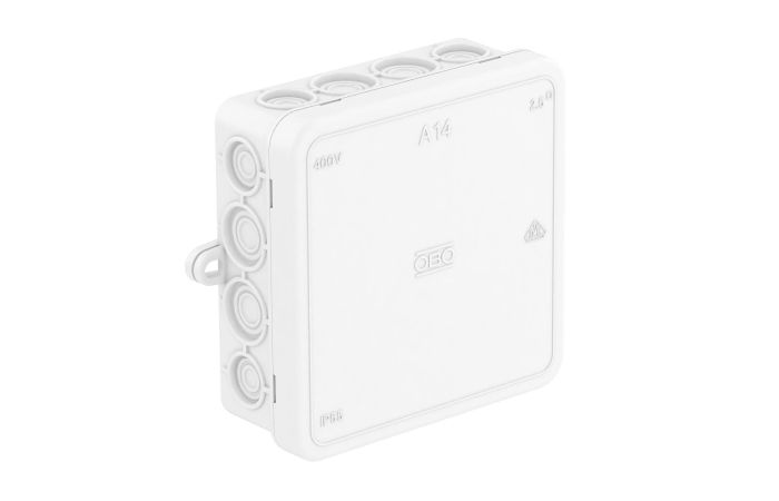 Dėžutė v/t [104x100x40] IP55 tuščia balta be halogenų su tvirtinimo auselėmis A14 HF RW - OBO BETTERMANN